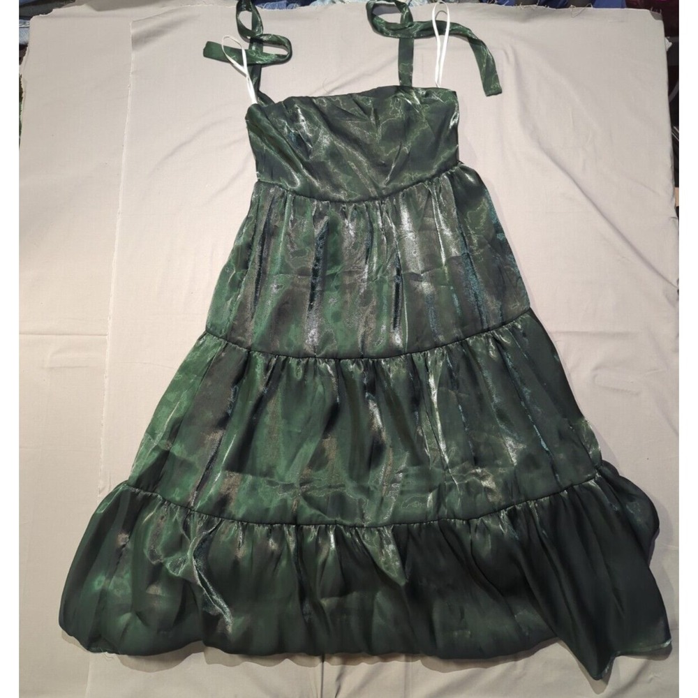 Lulus Emerald Green Shimmer Tiered Tie-Strap Midi Dress Womens Large New‎